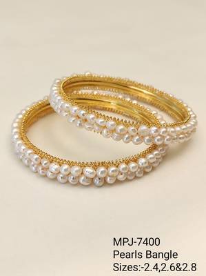 Pearl bangle set, gold-toned, white freshwater pearls, traditional style, 3