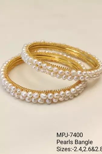 Pearl bangle set, gold-toned, white freshwater pearls, traditional style,