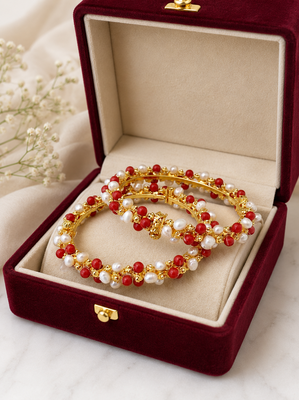 Pearl and coral bead bangles, gold-toned, openable, traditional indian jewellery, set of 2, 2