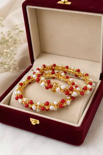 Pearl and coral bead bangles, gold-toned, openable, traditional indian jewellery, set of 2,