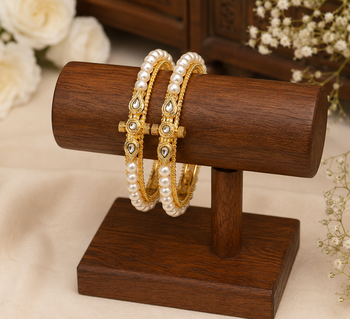 Pearl bangle set with kundan work, gold-toned, openable,  3