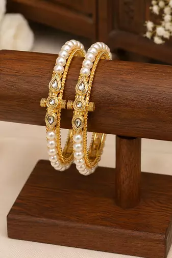 Pearl bangle set with kundan work, gold-toned, openable, 