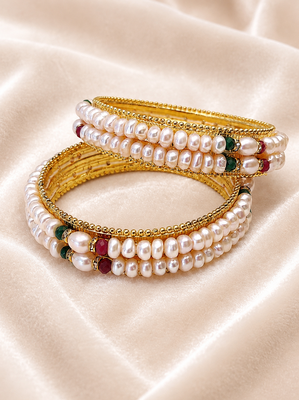 Pearl bangle with ruby and emerald beads, gold-toned, traditional style, 3