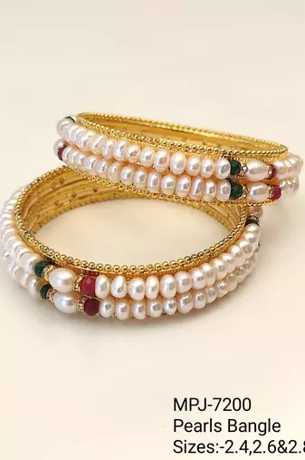 Pearl bangle with ruby and emerald beads, gold-toned, traditional style,