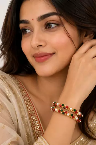 Pearl, red and green beaded gold-toned bangles, traditional indian style, openable, set of 2