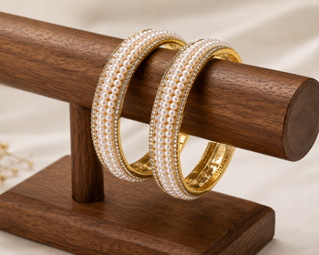 Pearl bangle set, gold-toned, white pearls with rhinestone border, sizes  3