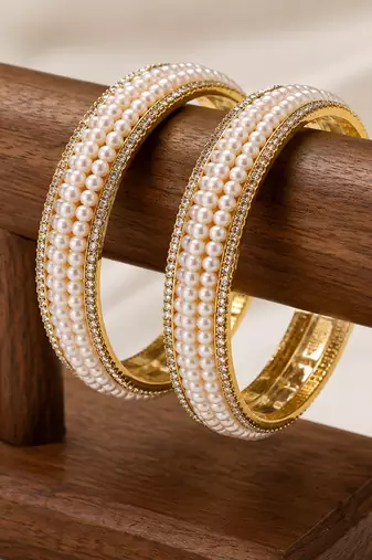 Pearl bangle set, gold-toned, white pearls with rhinestone border, sizes 