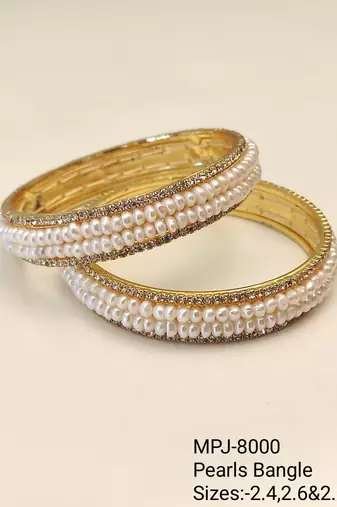 Pearl bangle set, gold-toned, white pearls with rhinestone border, sizes 