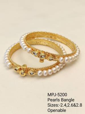 Pearl bangle set with kundan work, gold-toned, openable,  5