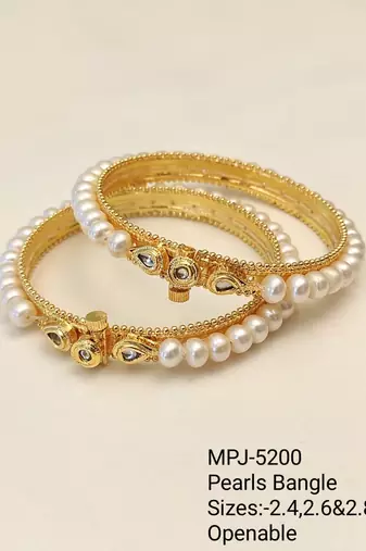 Pearl bangle set with kundan work, gold-toned, openable, 
