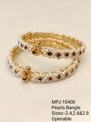 Pearl bangle with red and green stone accents, gold-toned, openable,  4