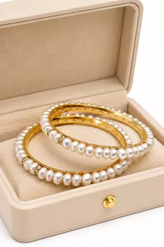 Pearl bangle, gold-toned, white, set of 2,traditional style