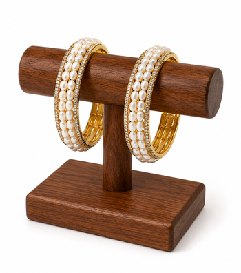 Pearl bangle set, white, gold-toned, double row pearl with rhinestone border, 4