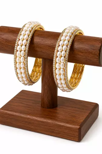 Pearl bangle set, white, gold-toned, double row pearl with rhinestone border,