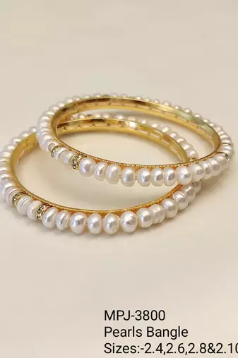 Pearl bangle, gold-toned, white, set of 2,traditional style