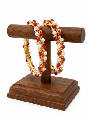 Pearl and coral bead bangles, gold-toned, openable, traditional indian jewellery, set of 2, 3