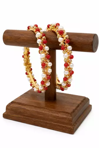 Pearl and coral bead bangles, gold-toned, openable, traditional indian jewellery, set of 2,