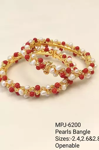 Pearl and coral bead bangles, gold-toned, openable, traditional indian jewellery, set of 2,