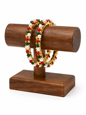 Pearl, red and green beaded gold-toned bangles, traditional indian style, openable, set of 2 3