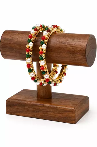 Pearl, red and green beaded gold-toned bangles, traditional indian style, openable, set of 2