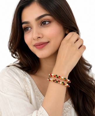 Pearl, red and green beaded gold-toned bangles, traditional indian style, openable, set of 2 4