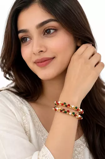 Pearl, red and green beaded gold-toned bangles, traditional indian style, openable, set of 2