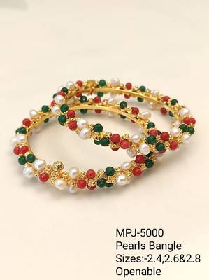 Pearl, red and green beaded gold-toned bangles, traditional indian style, openable, set of 2 5