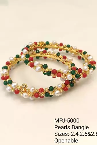 Pearl, red and green beaded gold-toned bangles, traditional indian style, openable, set of 2