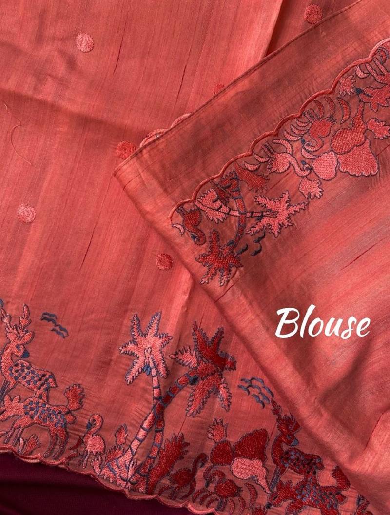 Orange matka silk multi-thread embroidery work saree