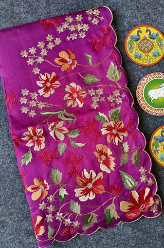 Rani pink matka silk blend saree with heavy floral embroidery border with running blouse