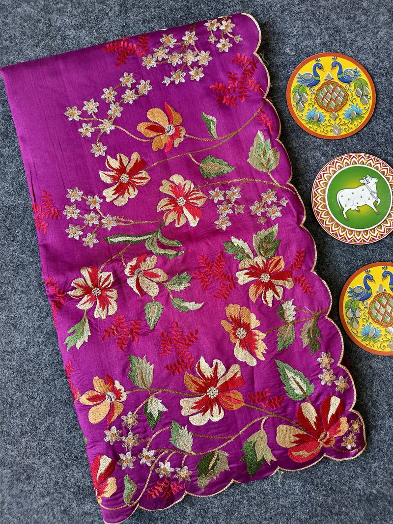 Rani pink matka silk blend saree with heavy floral embroidery border with running blouse