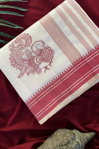 Red tussar silk multi thread peacock motifs saree