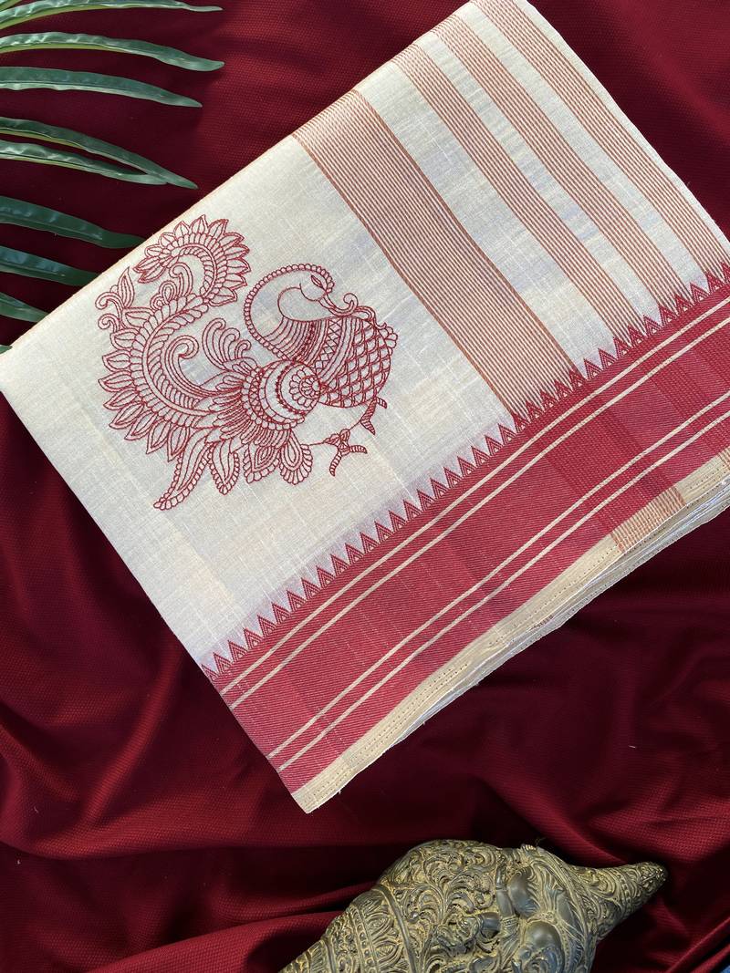 Red tussar silk multi thread peacock motifs saree