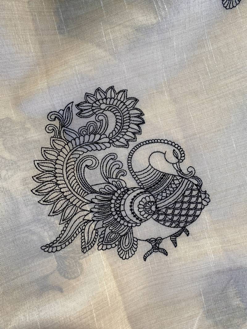 Black silk blend multi thread peacock motifs saree