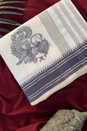 Black silk blend multi thread peacock motifs saree
