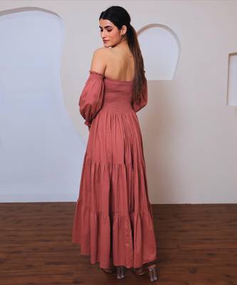 Rose solid cotton smocked tiered maxi dress for women 3