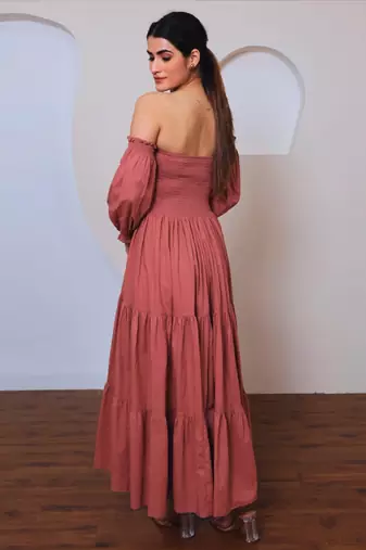 Rose solid cotton smocked tiered maxi dress for women