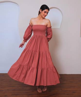 Rose solid cotton smocked tiered maxi dress for women 4