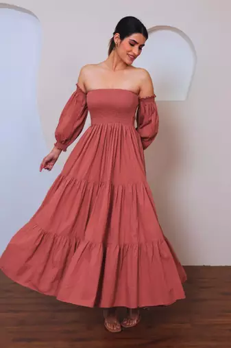 Rose solid cotton smocked tiered maxi dress for women