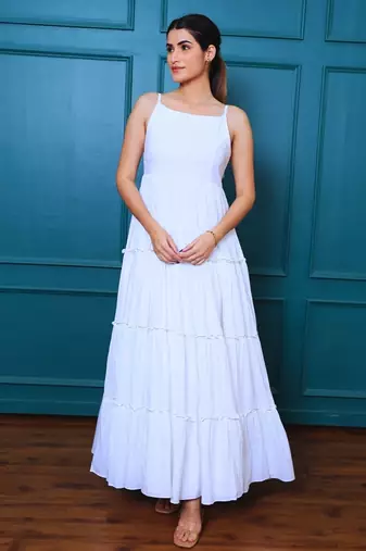 White solid cotton tiered maxi dress for women