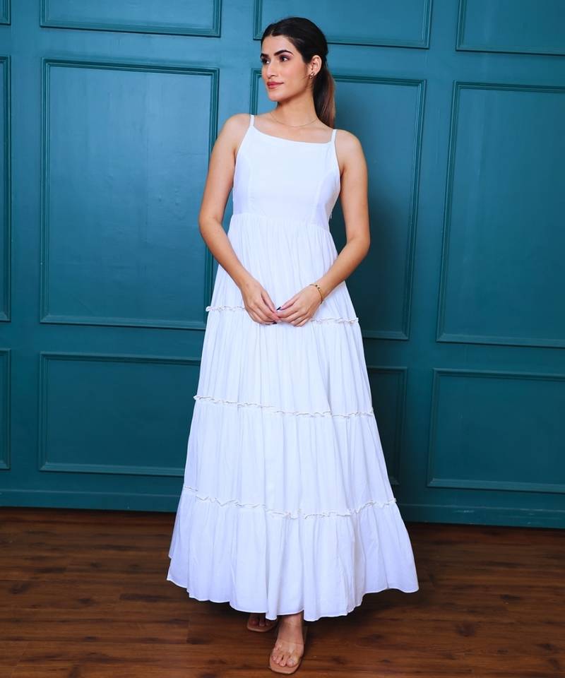 White solid cotton tiered maxi dress for women