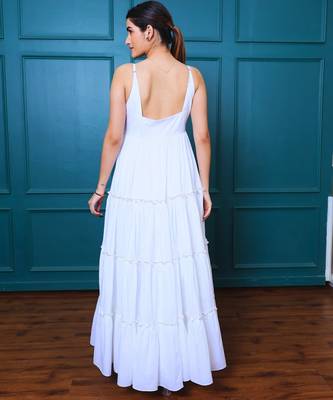 White solid cotton tiered maxi dress for women 2