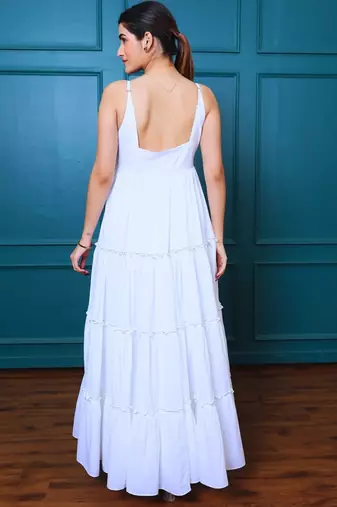 White solid cotton tiered maxi dress for women