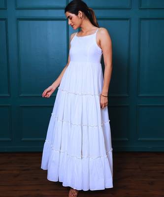 White solid cotton tiered maxi dress for women 3
