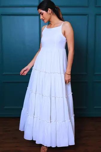 White solid cotton tiered maxi dress for women