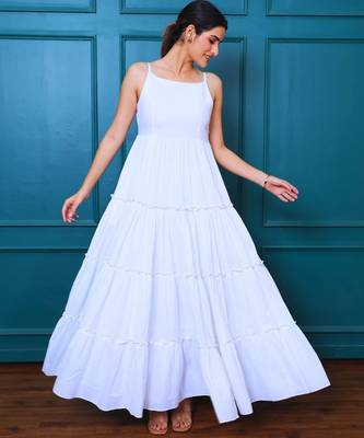 White solid cotton tiered maxi dress for women 4