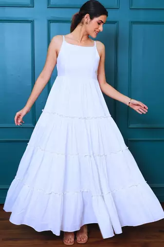 White solid cotton tiered maxi dress for women
