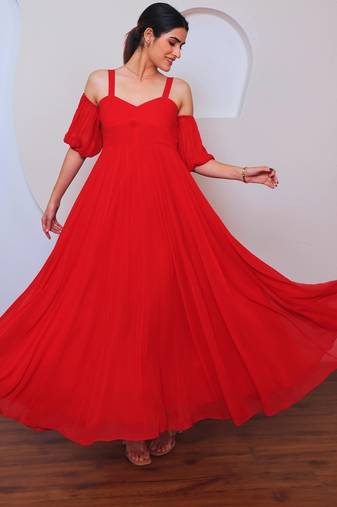Red solid georgette long dress for women