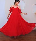 Red solid georgette long dress for women