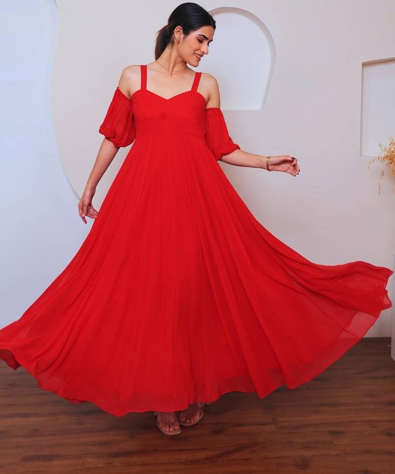 Red solid georgette long dress for women